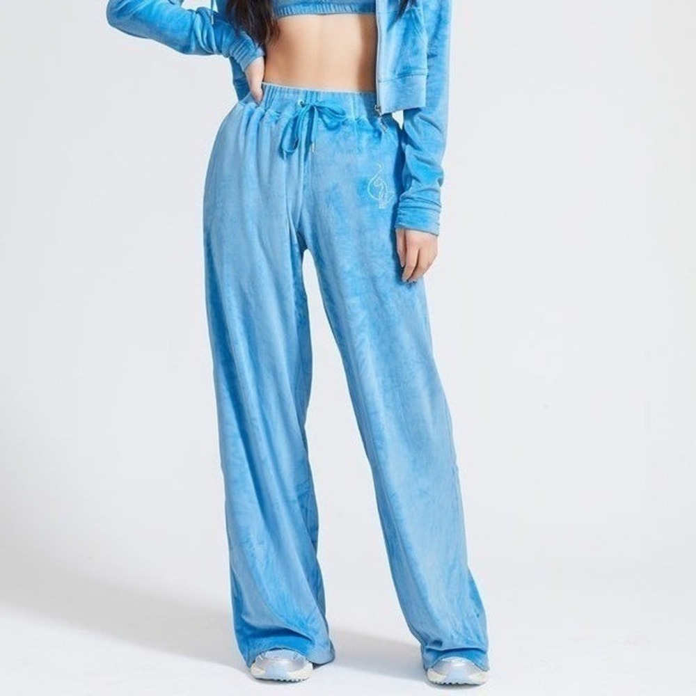 Baby Phat x Forever 21 Velour Wide Leg Track Pants Womens S Blue Y2K Logo Lounge